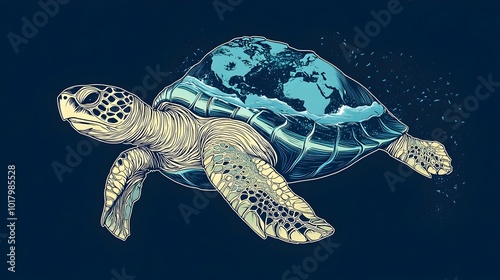 Minimalistic Line Drawing of Turtle Carrying the World on Its Back