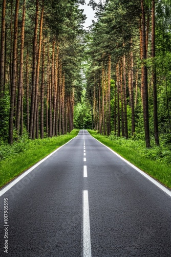 Serene tree-lined road stretching through lush green forest under soft sunlig...
