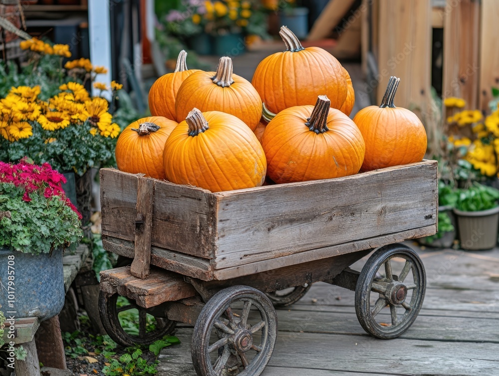 Fototapeta premium Decorative wooden cart of pumpkins outdoors in festive setting