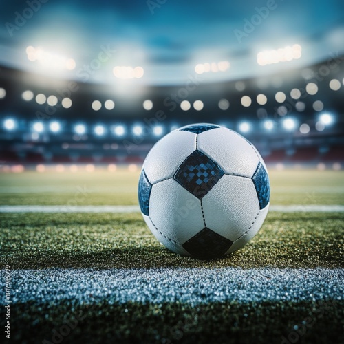 Close-up of a soccer ball on the field during a nighttime match at a vibrant ...