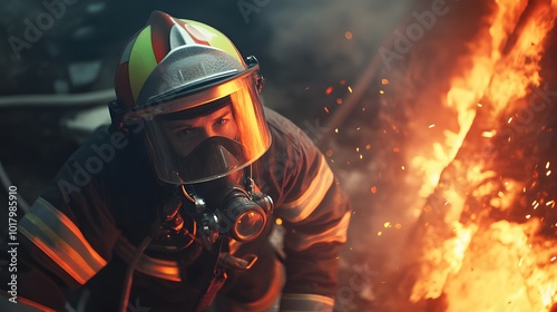 A firefighter in full gear stares intently into the flames, ready to face the danger.