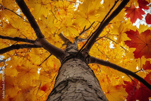 Vibrant autumn foliage viewed from the base of a tree on a clear sunny day in...