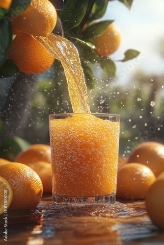 Freshly squeezed orange juice flowing into a glass surrounded by ripe oranges...
