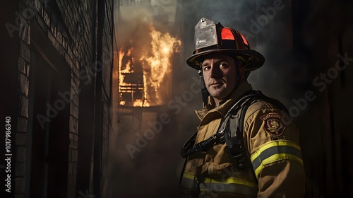 A firefighter stands in a dark alley, a fire burning in the background.