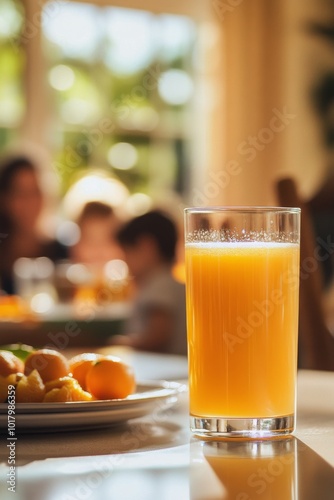 Glass of orange juice beside a plate of fruit at sunset, with people gatherin...