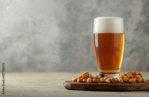 Refreshing amber beer served in a glass alongside crunchy snacks on a wooden ...