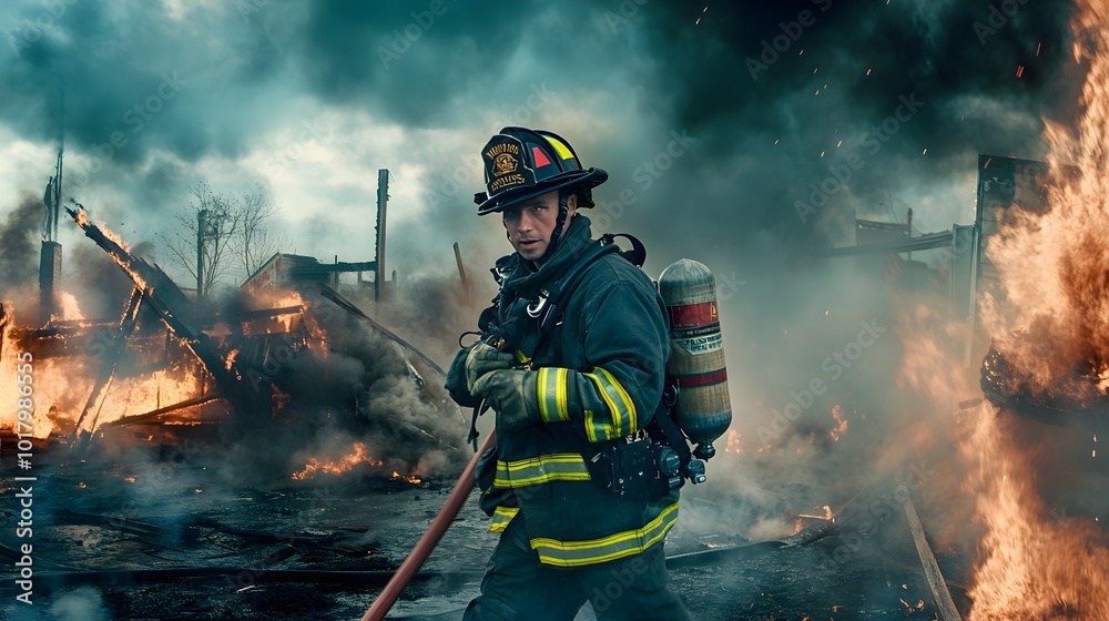 A firefighter stands amidst the smoke and flames of a burning building, his gaze determined. A firefighter stands amidst the smoke and flames of a burning building, his gaze determined.