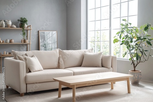 Minimalist, a modern japandi interior photo of a living room with windows and a sofa and table. Generative AI 