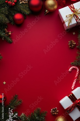 Festive holiday decorations with gifts and ornaments on a vibrant red background