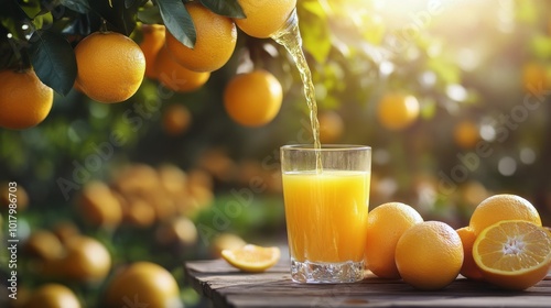 Freshly squeezed orange juice being poured into a glass among ripe oranges in...