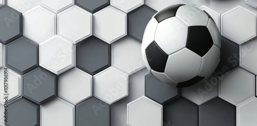 A soccer ball resting on a geometric pattern of hexagons in a monochrome style