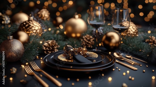 Elegant holiday table setting with golden accents and festive decorations by ...