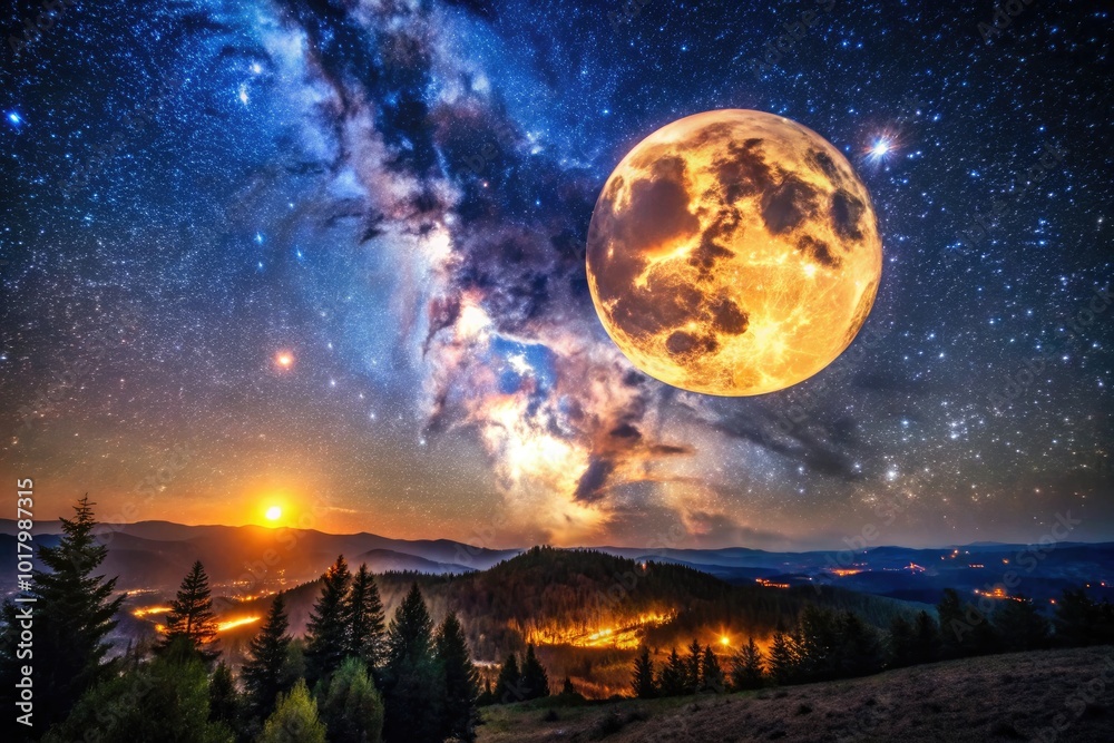Majestic Night Sky with a Full Moon Surrounded by Glittering Stars and a Clear Celestial Background Majestic Night Sky with a Full Moon Surrounded by Glittering Stars and a Clear Celestial Background