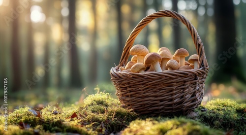 Gathering fresh mushrooms in a woven basket during a sunny autumn afternoon i...