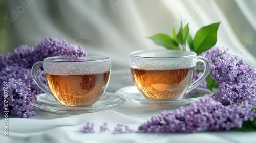 A serene afternoon tea setup with cups and lilac flowers on a delicate pastel...