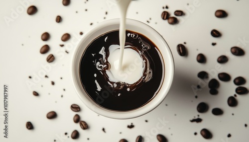 Cream swirls in rich coffee cup surrounded by scattered coffee beans on a whi...