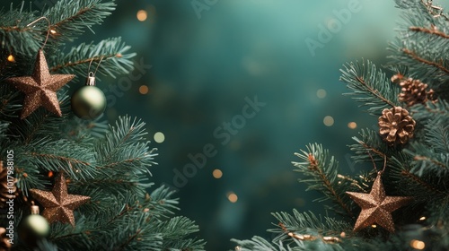 Close-up view of lush green pine tree branches against a blurred forest backg...