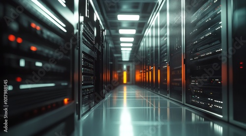 Exploring a modern server room with illuminated racks in a data center during...