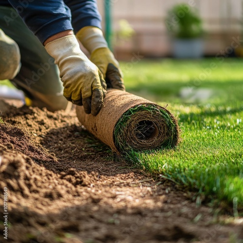 Laying fresh sod in a residential yard during a sunny afternoon to enhance la...