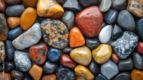 Colorful assortment of natural stones and rocks displayed together on a flat ...