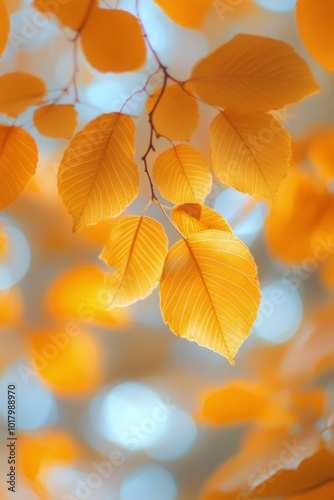 Golden autumn leaves glistening in the sun during a peaceful afternoon in the...