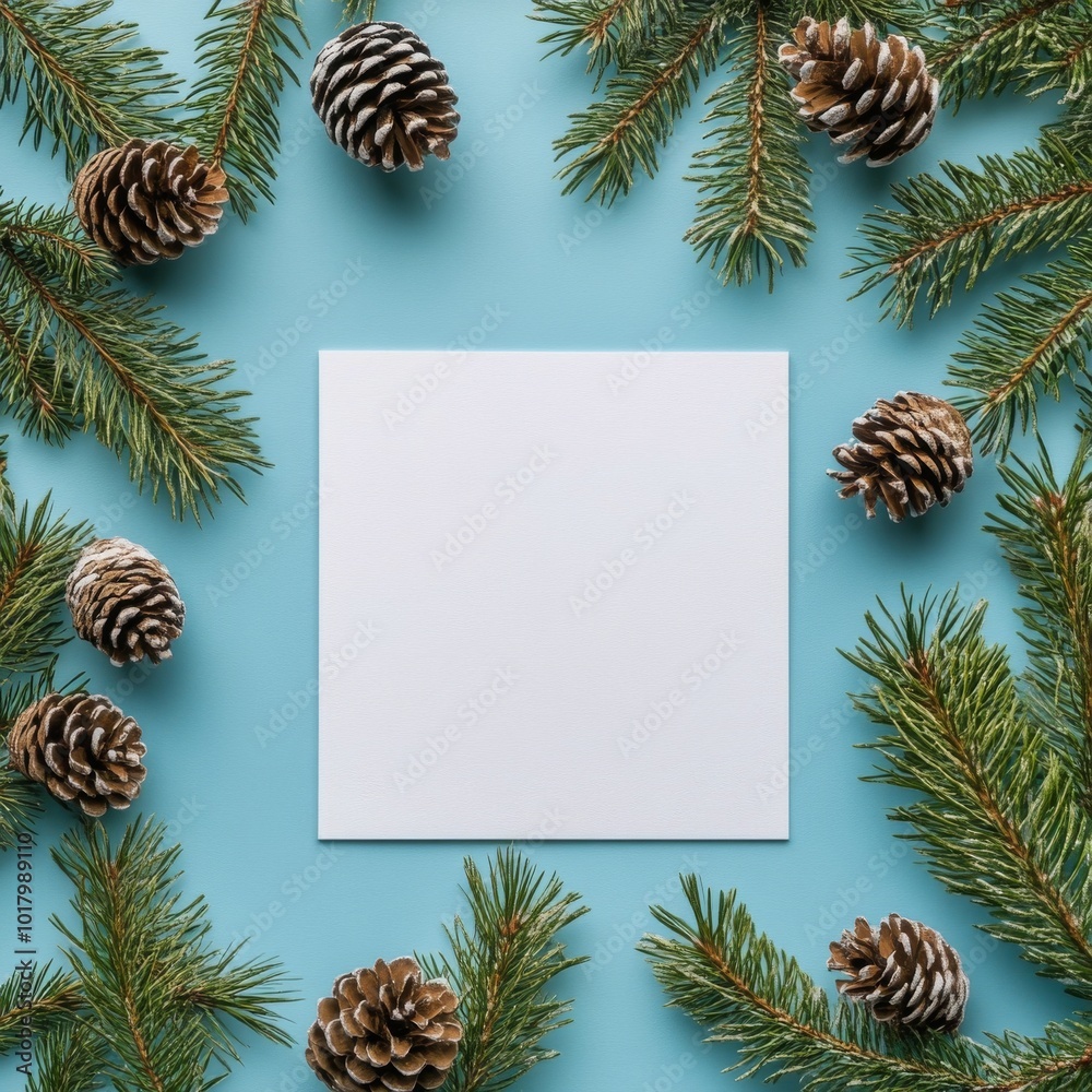 Arrangement of pine cones and evergreen branches surrounding a blank square on a blue background Arrangement of pine cones and evergreen branches surrounding a blank square on a blue background