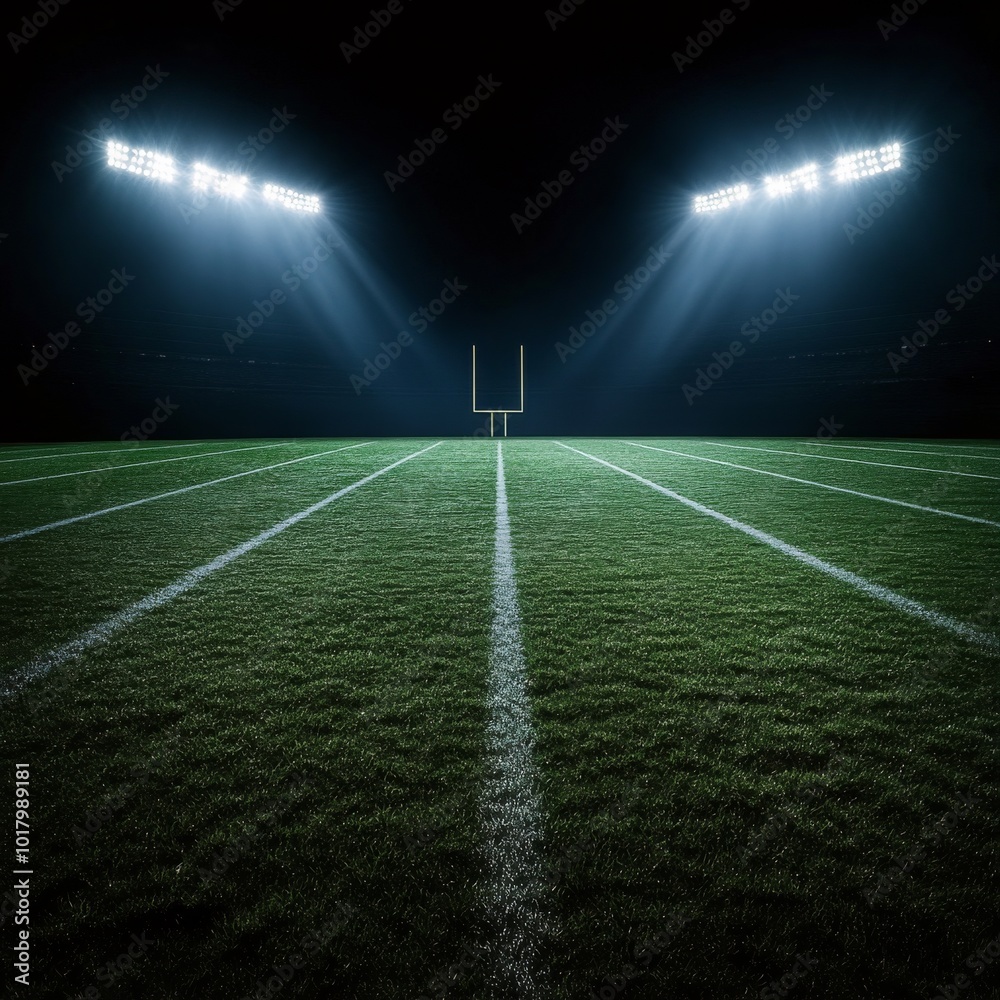 Bright stadium lights illuminate an empty football field during nighttime in a quiet atmosphere Bright stadium lights illuminate an empty football field during nighttime in a quiet atmosphere