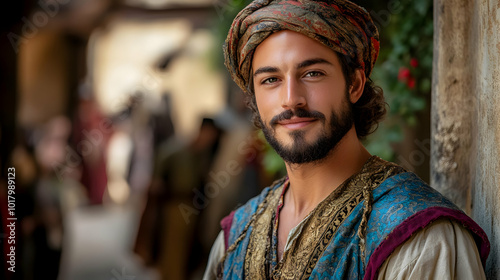 A young man in traditional attire smiles warmly in a vibrant setting.