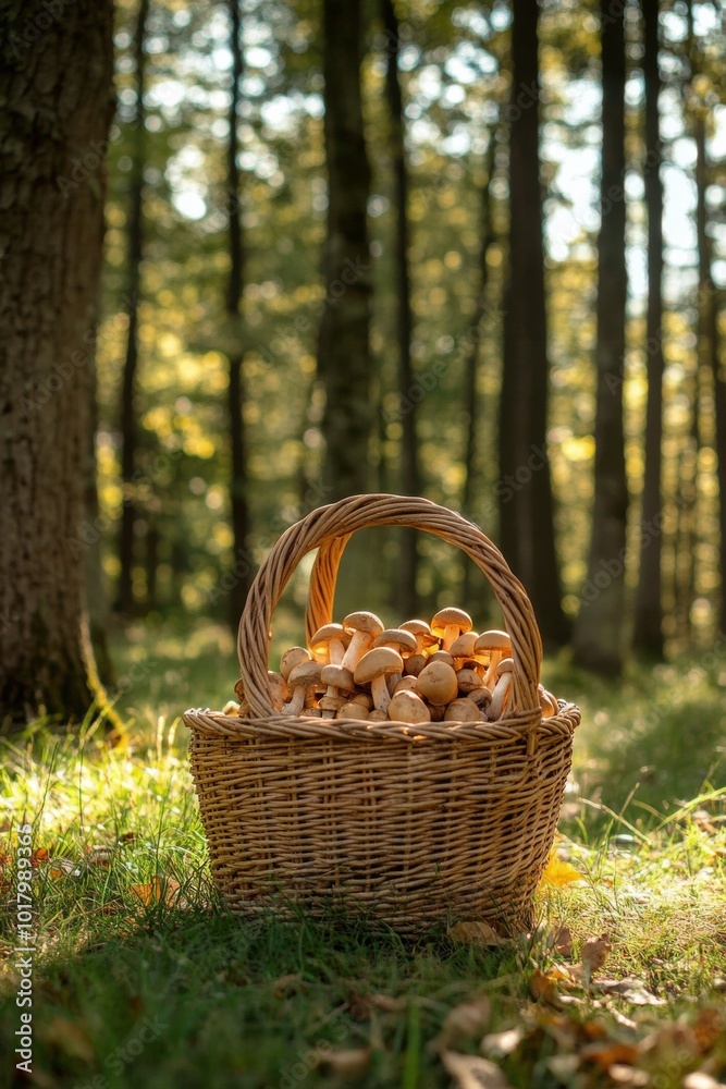 Gathering fresh mushrooms in a woven basket during a sunny autumn day in the forest Gathering fresh mushrooms in a woven basket during a sunny autumn day in the forest