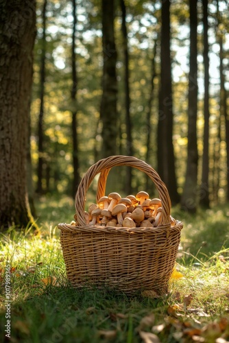 Gathering fresh mushrooms in a woven basket during a sunny autumn day in the ...