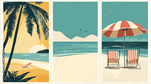 Collection of minimal summer poster cover Designs Summer, palm tree on the beach, set summer illustration, vector design, sunrise and sunset illustration