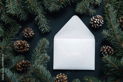 White envelope surrounded by evergreen branches on a dark surface during the ...