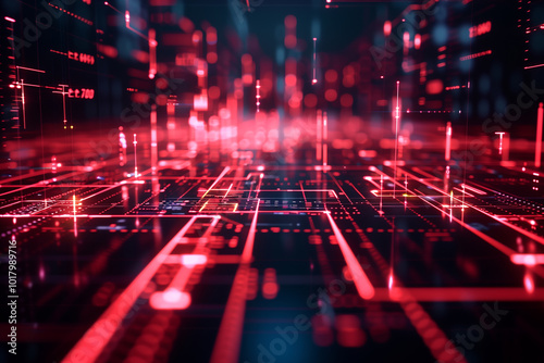 A futuristic digital landscape with glowing red lines and grids, creating a sense of depth and technology. The background features abstract data patterns and light effects, high-tech environment.