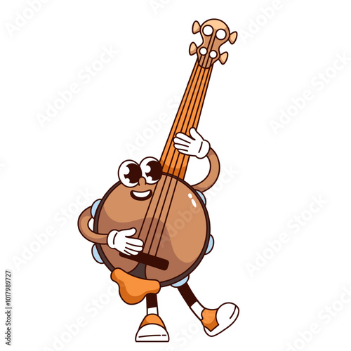 Groovy banjo cartoon character playing fun melody. Funny retro musical instrument with membrane and strings. Music mascot, cartoon old banjo musician sticker of 70s 80s style vector illustration