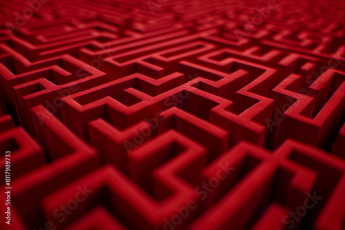 A close-up view of a complex red maze structure, featuring intricate pathways and walls. The maze is designed with a three-dimensional appearance, emphasizing depth and texture.