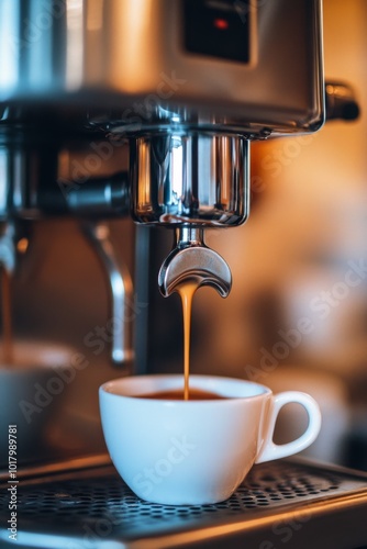 Freshly brewed espresso pouring into a white cup at a cozy cafe in the mornin...