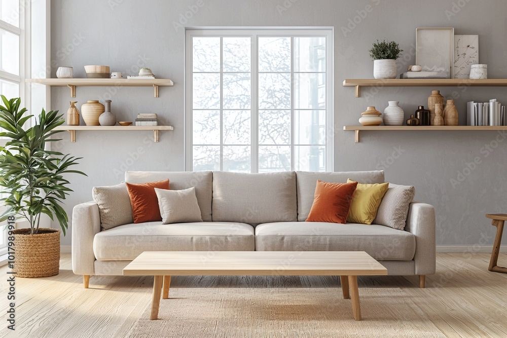 Fototapeta premium Minimalist, with wood shelves and interior accessories Modern japandi interiors in apartment living rooms with sofas and pastel-toned cushions and wood tables. Generative AI 