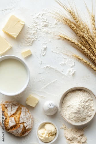 Preparing dough with flour, milk, butter, and grains for homemade baked goods