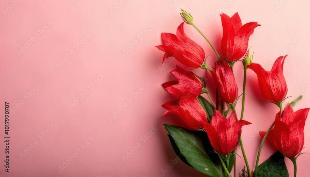 Top view red natural bellflowers with green leaf on pastel colored pink background, botanica Top view red natural bellflowers with green leaf on pastel colored pink background, botanica