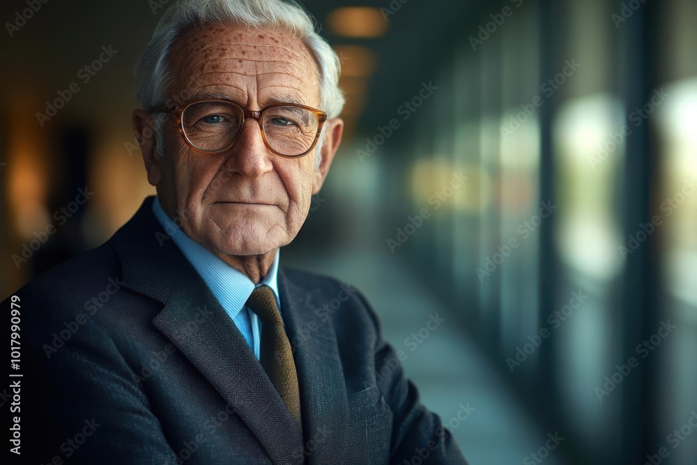 Elderly man in formal attire with glasses poses confidently in a modern hallway with a glass wall background.