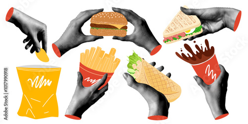 Set of hands holding fast food. Modern collage with halftone hands and hamburger, shawarma, chips, coffee, sandwich, french fries. Street food