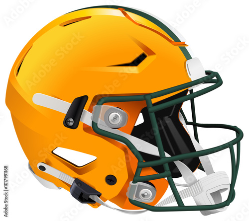 Realistic yellow 3D helmet for American Football with white and green stripes. Green mask and chin strap photo