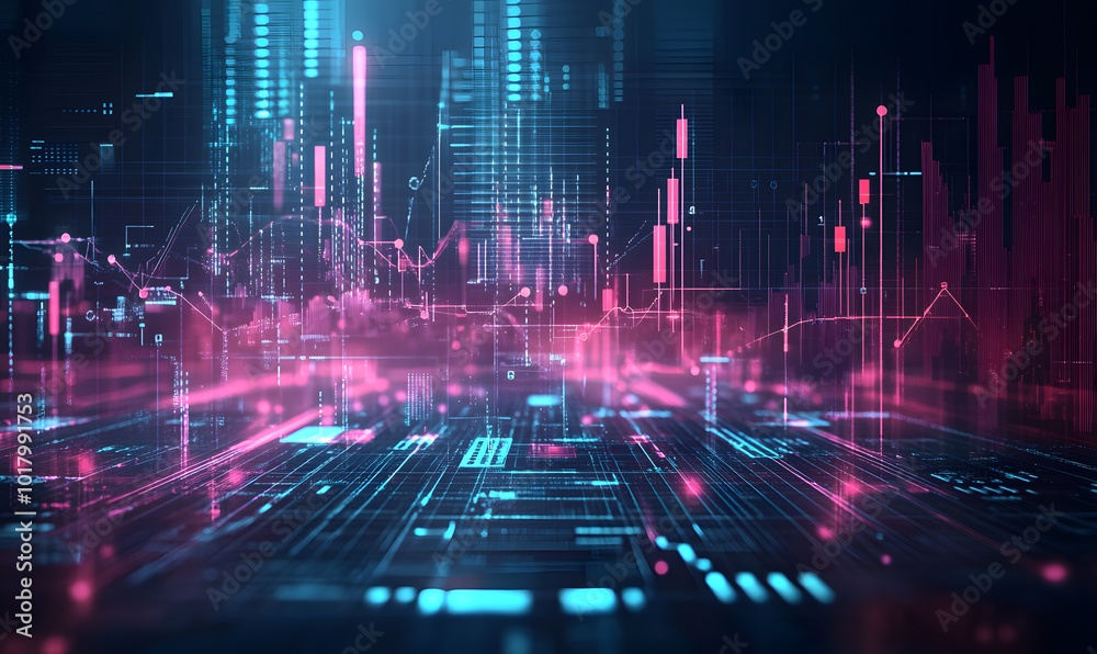 Futuristic financial dashboards and luxury business charts with glowing neon lines, gold accents, and connected nodes for corporate branding.
