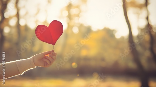 A hand holds up a red paper heart in a forest setting. photo