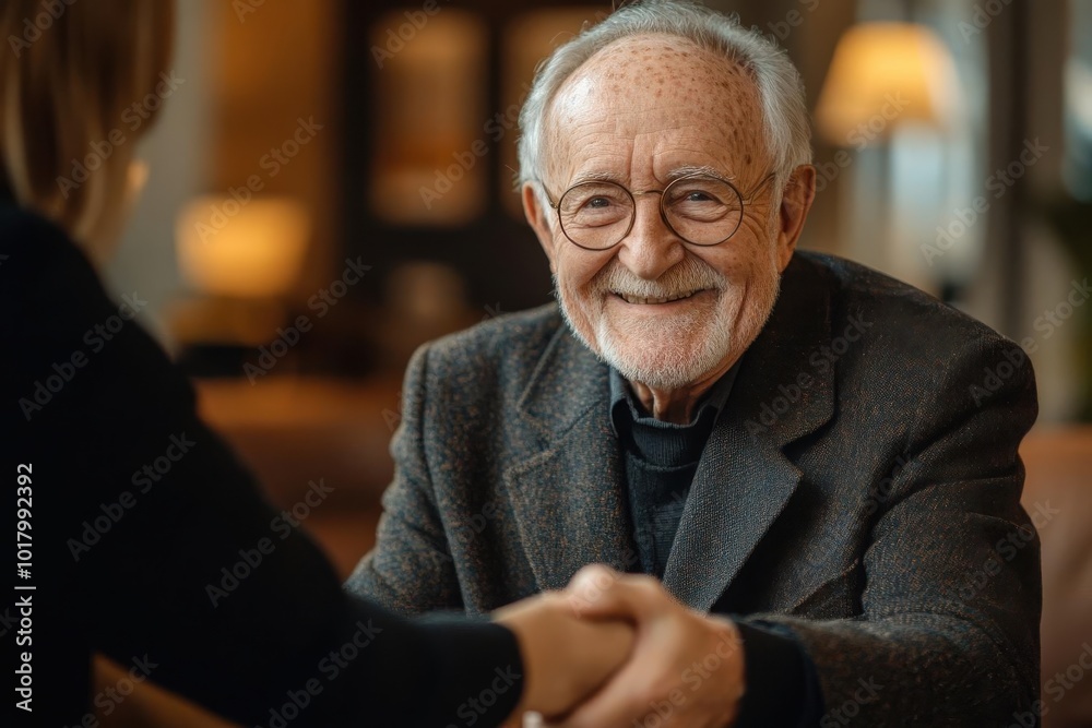 Elderly gentleman smiling warmly while shaking hands with another person, in a cozy indoor setting with warm lighting. Elderly gentleman smiling warmly while shaking hands with another person, in a cozy indoor setting with warm lighting.