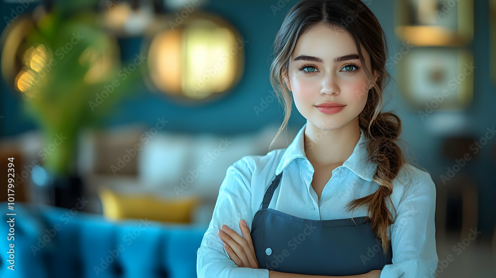 A young woman standing confidently in a stylish café setting. A young woman standing confidently in a stylish café setting.