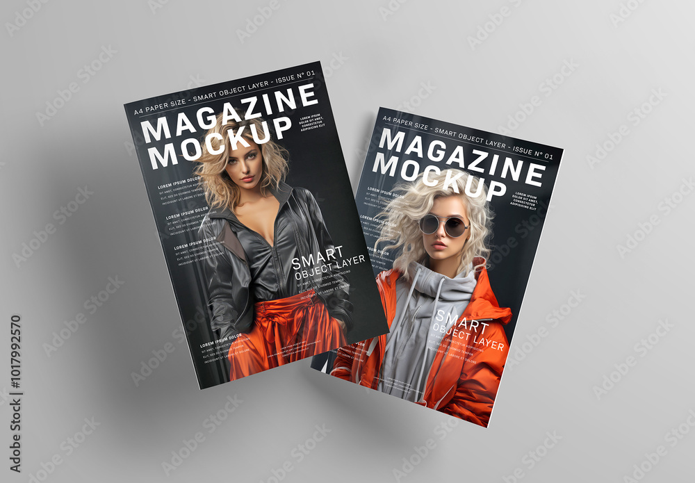 2 Floating Magazine Covers on White Background Mockup Stock Template ...