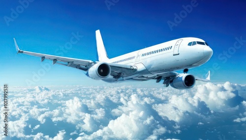 White passenger plane flying in the sky with amazing clouds in the background  photo