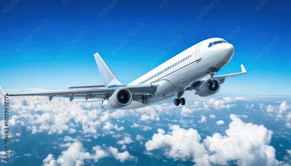 White passenger plane flying in the sky with amazing clouds in the background White passenger plane flying in the sky with amazing clouds in the background