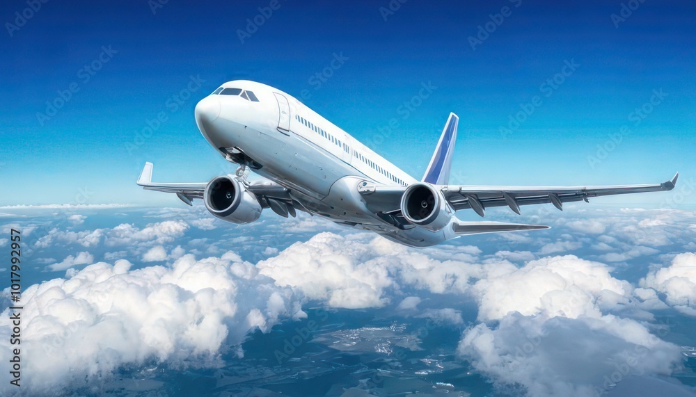 White passenger plane flying in the sky with amazing clouds in the background White passenger plane flying in the sky with amazing clouds in the background